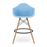 28" Light Blue And Brown Heavy Duty Plastic And Solid Wood Low Back Counter Height Bar Chair
