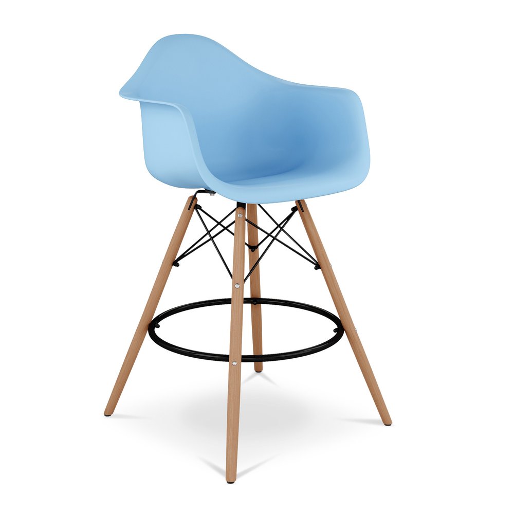 28" Light Blue And Brown Heavy Duty Plastic And Solid Wood Low Back Counter Height Bar Chair