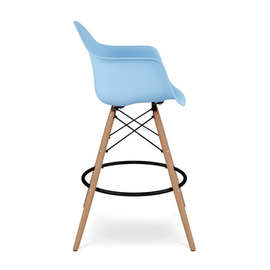 28" Light Blue And Brown Heavy Duty Plastic And Solid Wood Low Back Counter Height Bar Chair