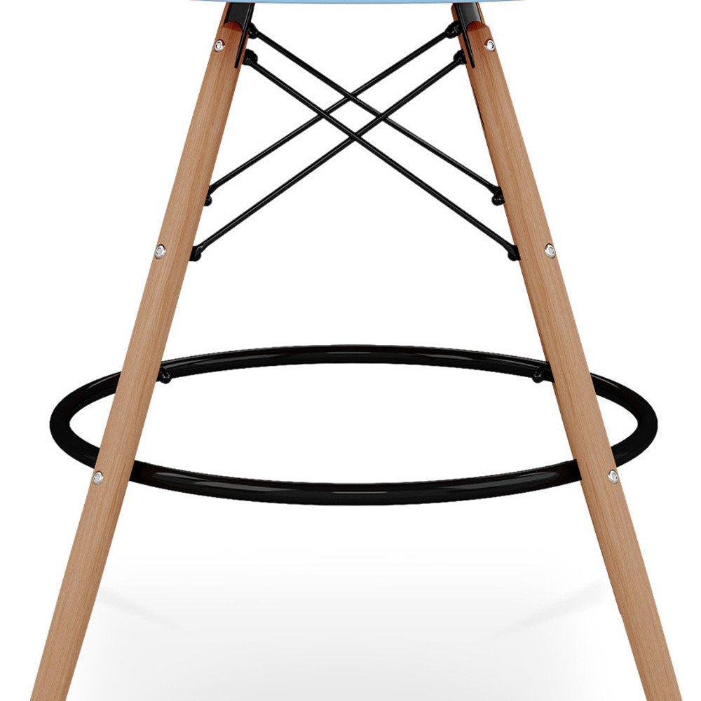 28" Light Blue And Brown Heavy Duty Plastic And Solid Wood Low Back Counter Height Bar Chair