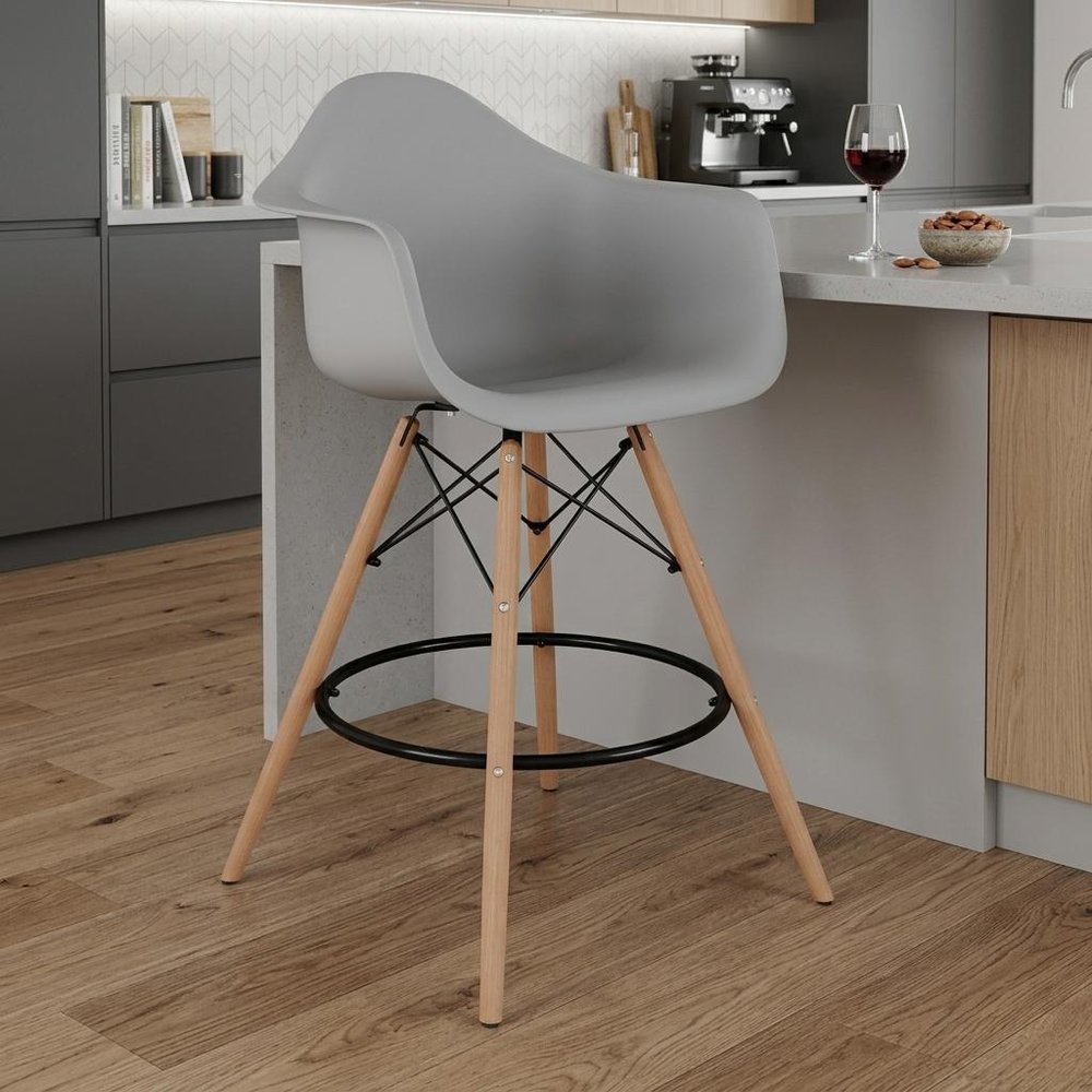 28" Gray And Brown Heavy Duty Plastic And Solid Wood Low Back Counter Height Bar Chair