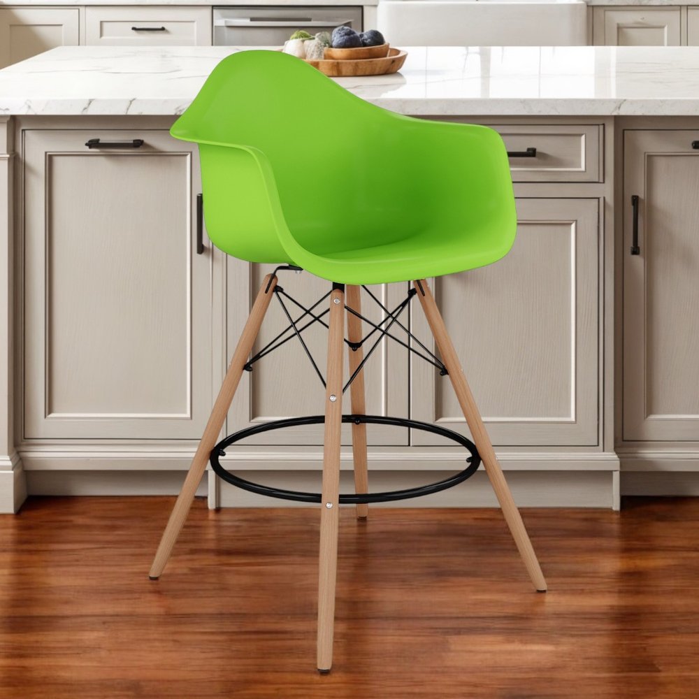 28" Green And Brown Heavy Duty Plastic And Solid Wood Low Back Counter Height Bar Chair