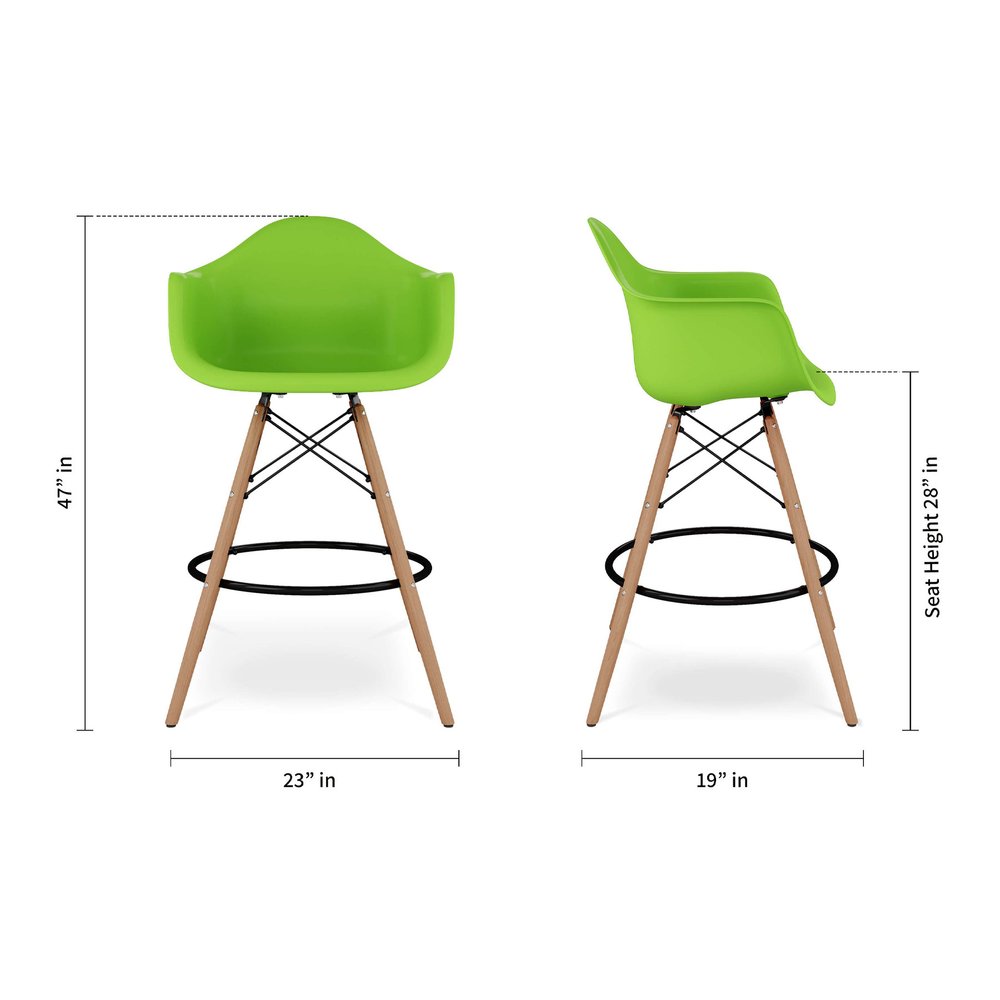 28" Green And Brown Heavy Duty Plastic And Solid Wood Low Back Counter Height Bar Chair