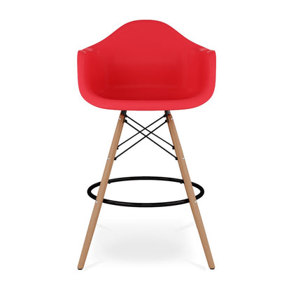 28" Red And Brown Heavy Duty Plastic And Solid Wood Low Back Counter Height Bar Chair