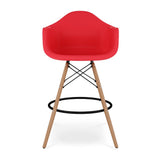28" Red And Brown Heavy Duty Plastic And Solid Wood Low Back Counter Height Bar Chair
