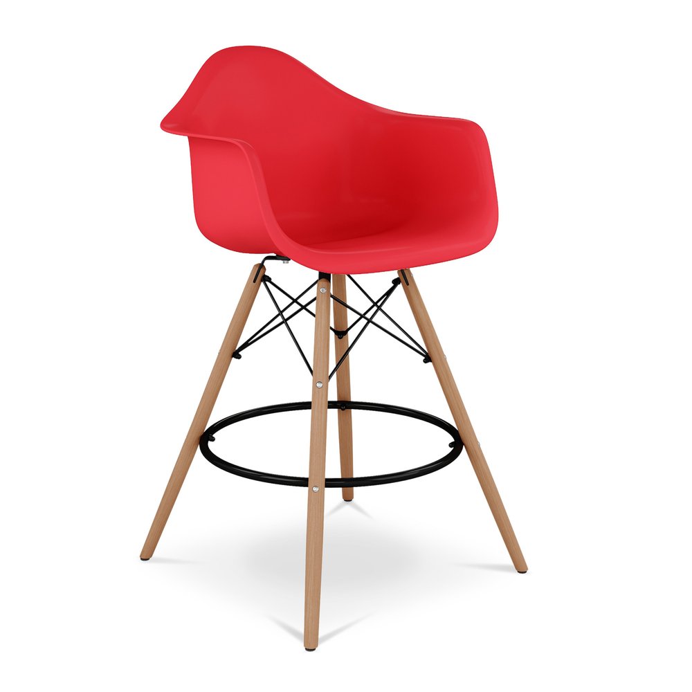 28" Red And Brown Heavy Duty Plastic And Solid Wood Low Back Counter Height Bar Chair
