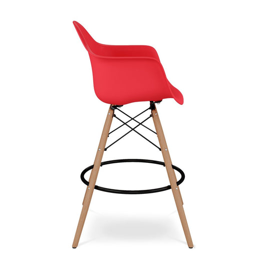 28" Red And Brown Heavy Duty Plastic And Solid Wood Low Back Counter Height Bar Chair