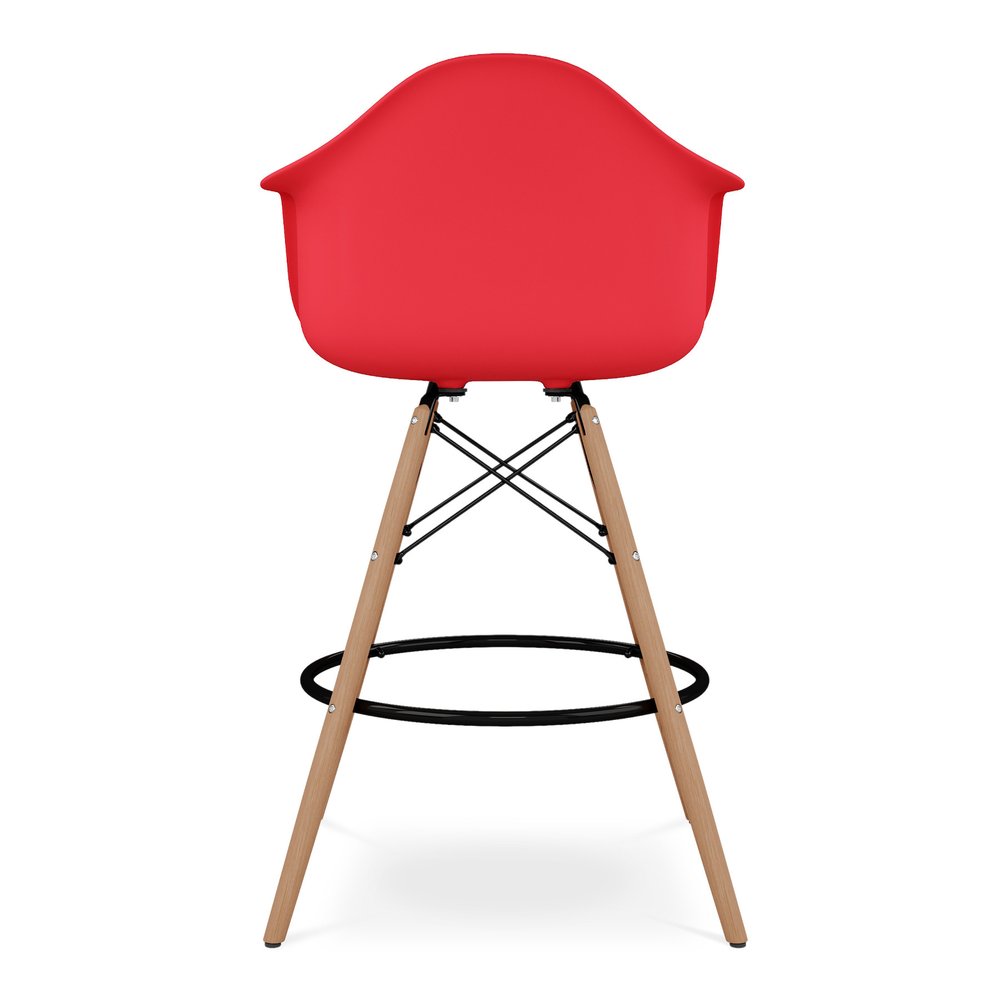 28" Red And Brown Heavy Duty Plastic And Solid Wood Low Back Counter Height Bar Chair