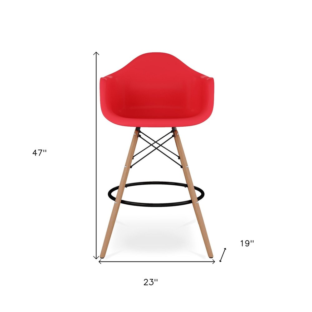 28" Red And Brown Heavy Duty Plastic And Solid Wood Low Back Counter Height Bar Chair