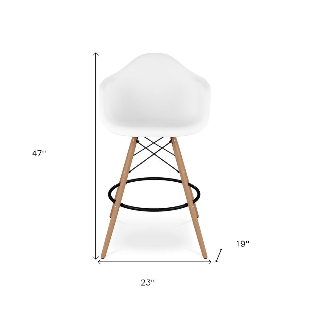 28" White And Brown Heavy Duty Plastic And Solid Wood Low Back Counter Height Bar Chair