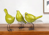 Set of Three Lemongrass Green Polyresin and Metal Bird Sculptures