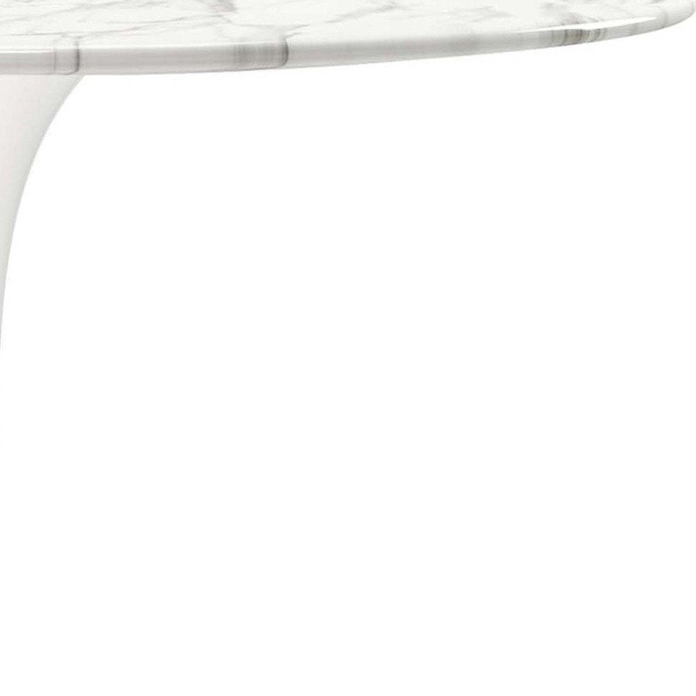 32" White Rounded Marble And Metal Pedestal Base Dining Table