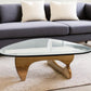 50" Clear And Brown Glass And Solid Wood Triangle Coffee Table