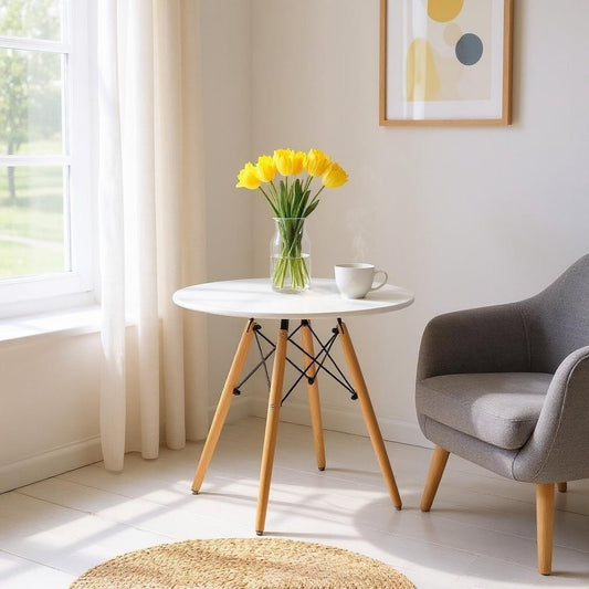 30" White And Natural Rounded Fiberglass And Solid Wood Dining Table