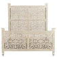 White Carved Floral Distressed Solid Wood Queen Bed Frame