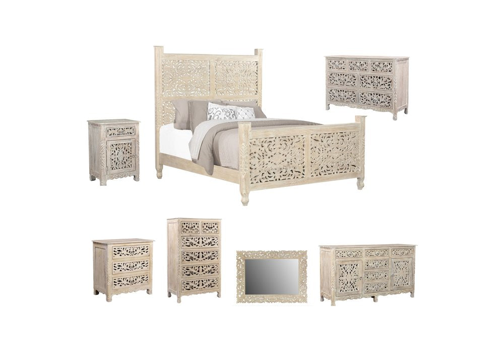 White Carved Floral Distressed Solid Wood Queen Bed Frame