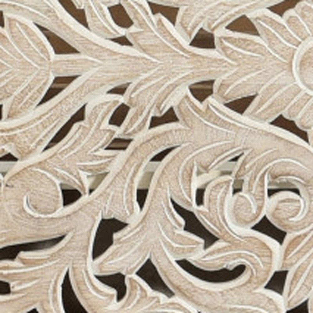 White Carved Floral Distressed Solid Wood Queen Bed Frame