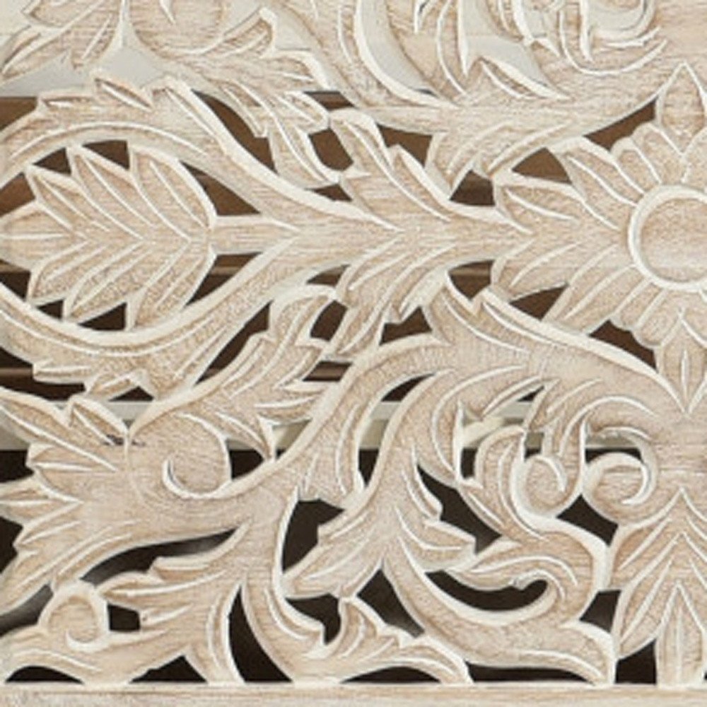 White Carved Floral Distressed Solid Wood Queen Bed Frame