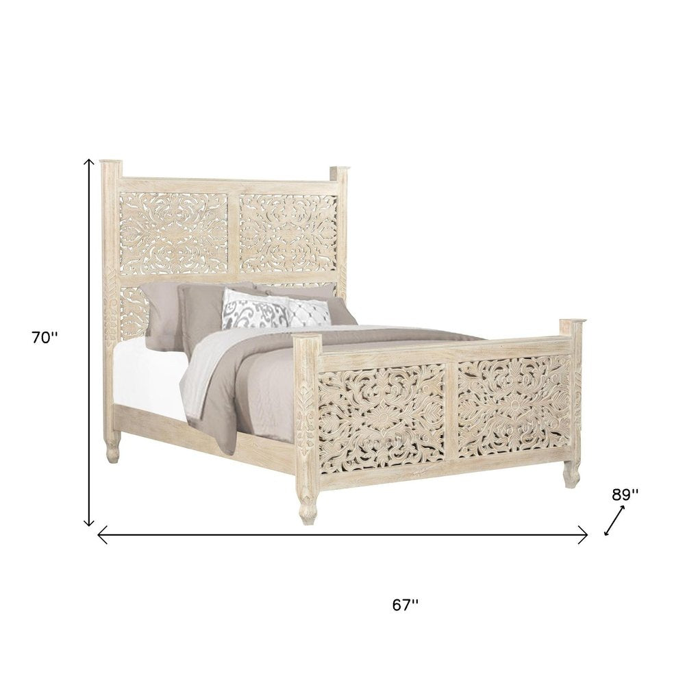 White Carved Floral Distressed Solid Wood Queen Bed Frame