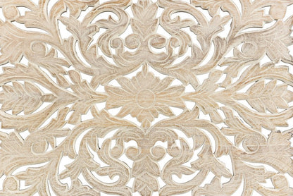 White Carved Floral Distressed Solid Wood Queen Bed Frame