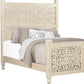 White Carved Floral Distressed Solid Wood Queen Bed Frame