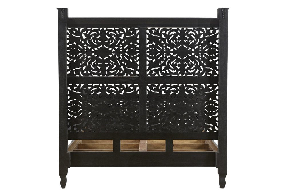 Black Carved Floral Distressed Solid Wood Queen Bed Frame