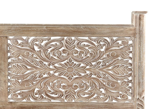 Gray Carved Floral Distressed Solid Wood Queen Bed Frame