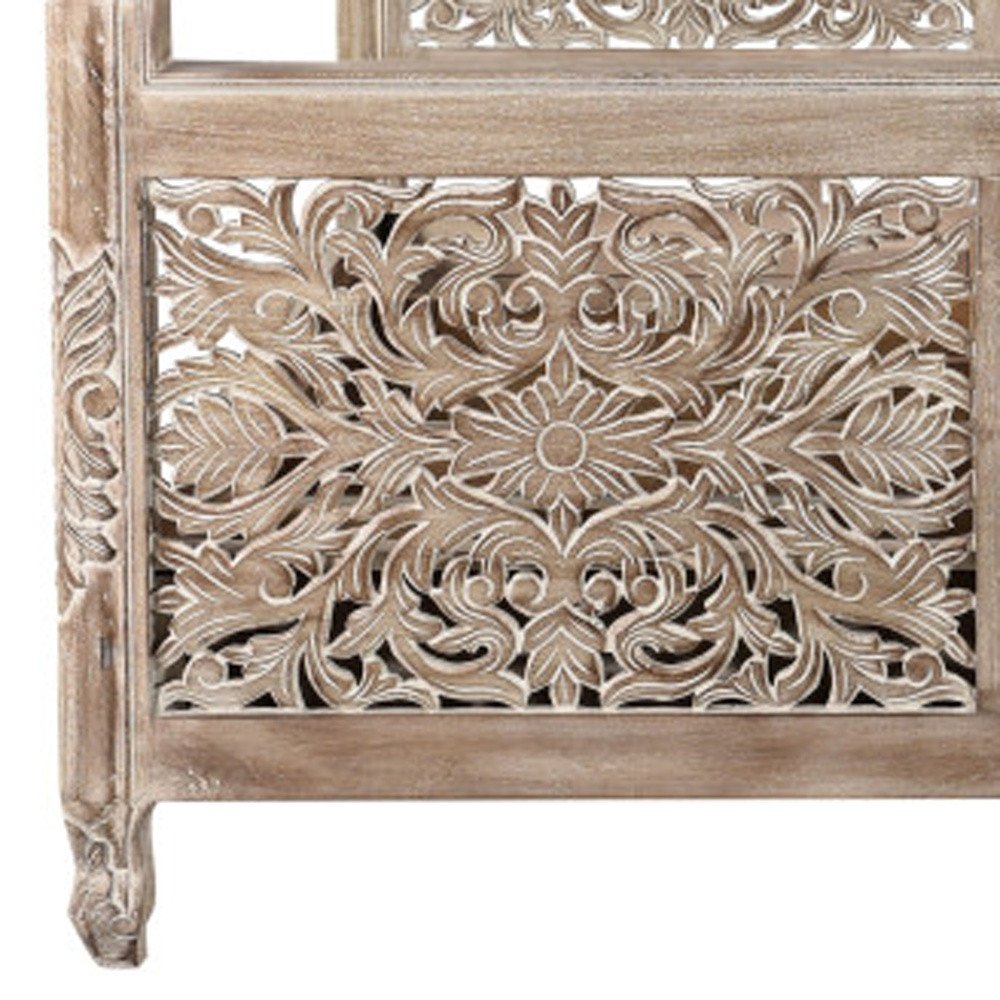 Gray Carved Floral Distressed Solid Wood Queen Bed Frame