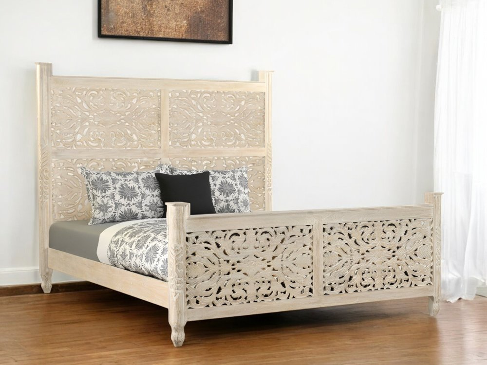 White Carved Floral Distressed Solid Wood King Bed Frame