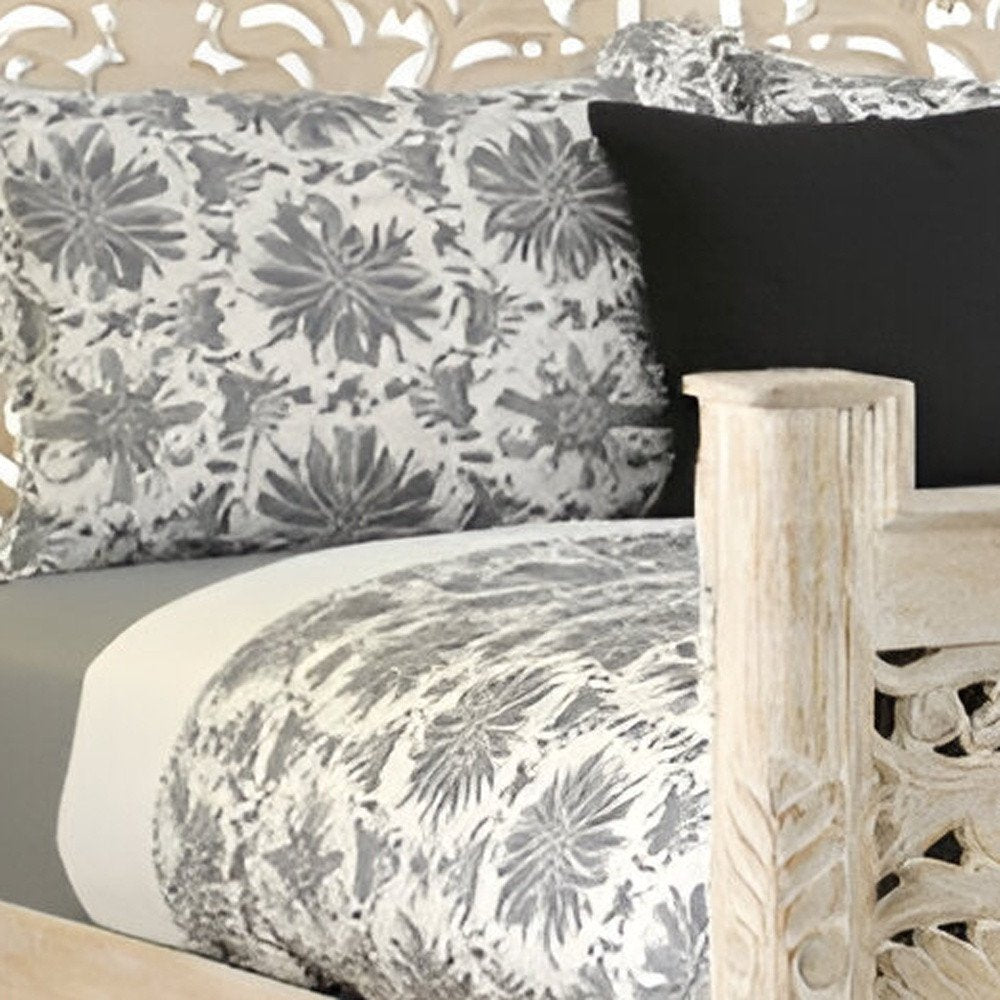 White Carved Floral Distressed Solid Wood King Bed Frame