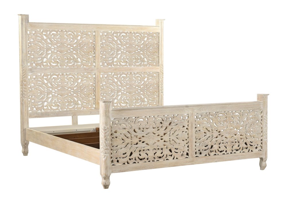 White Carved Floral Distressed Solid Wood King Bed Frame