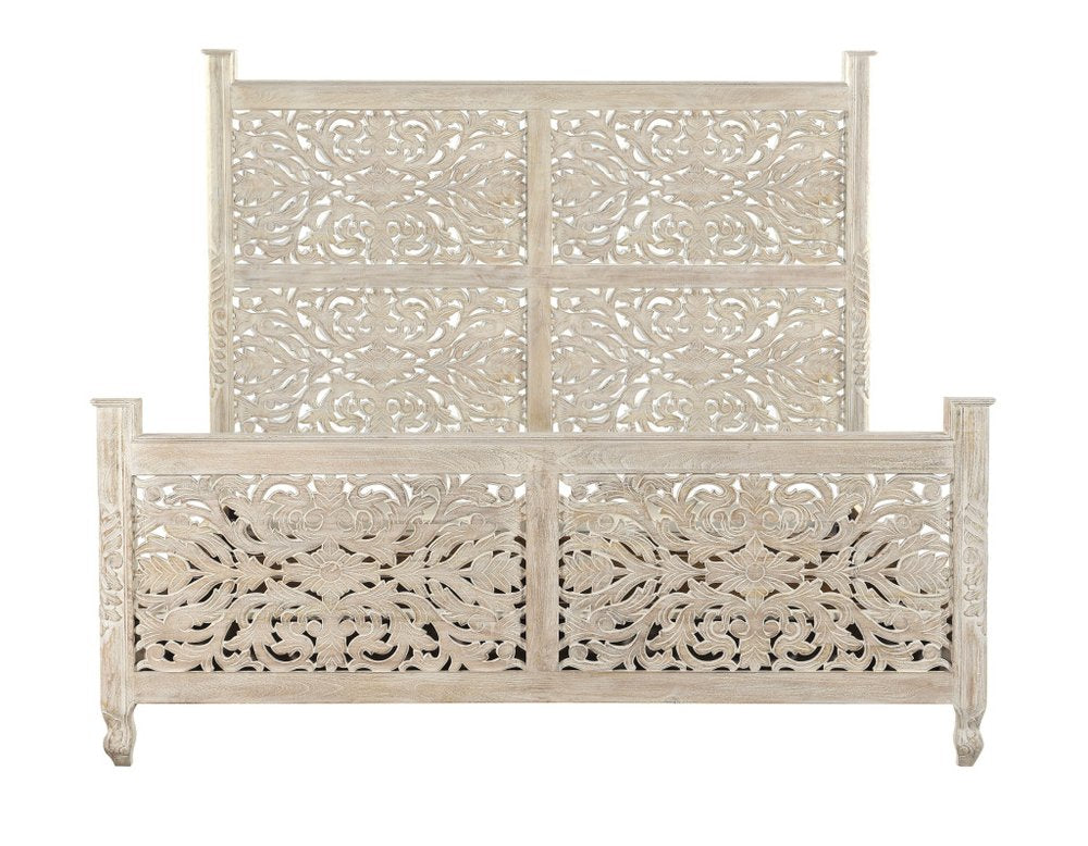White Carved Floral Distressed Solid Wood King Bed Frame