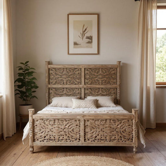 Gray Carved Floral Solid Wood King Bed Frame