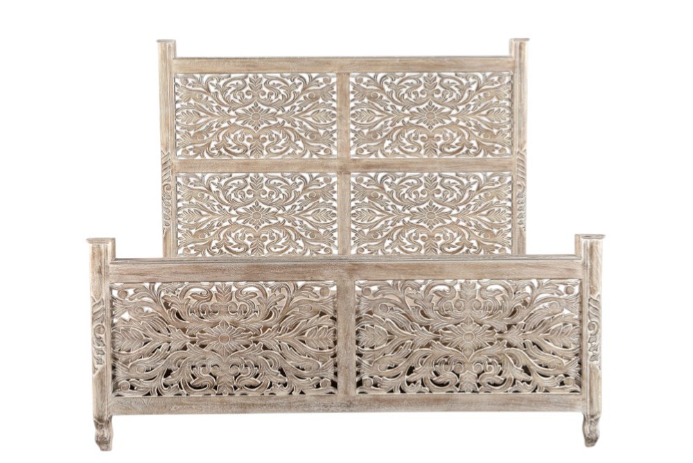 Gray Carved Floral Solid Wood King Bed Frame