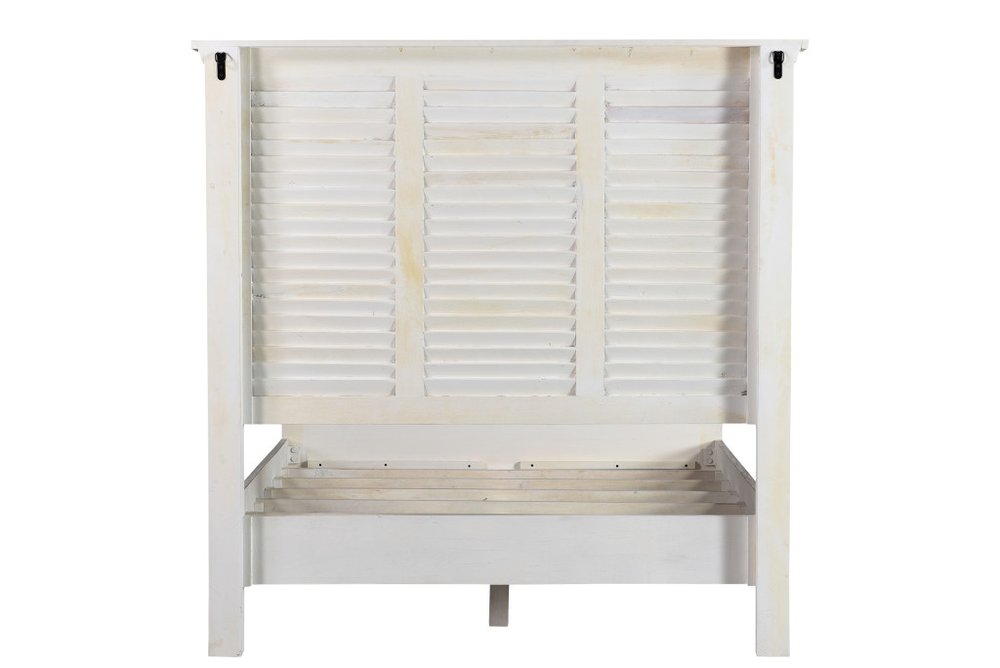 White Carved Geometric Distressed Reclaimed Wood Queen Bed Frame