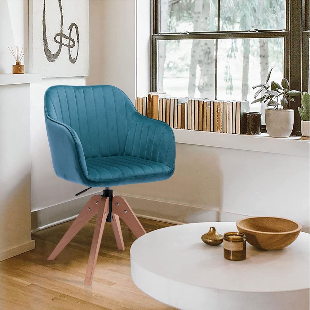 Tufted Teal Blue and Natural Upholstered Velvet Dining Arm Chair