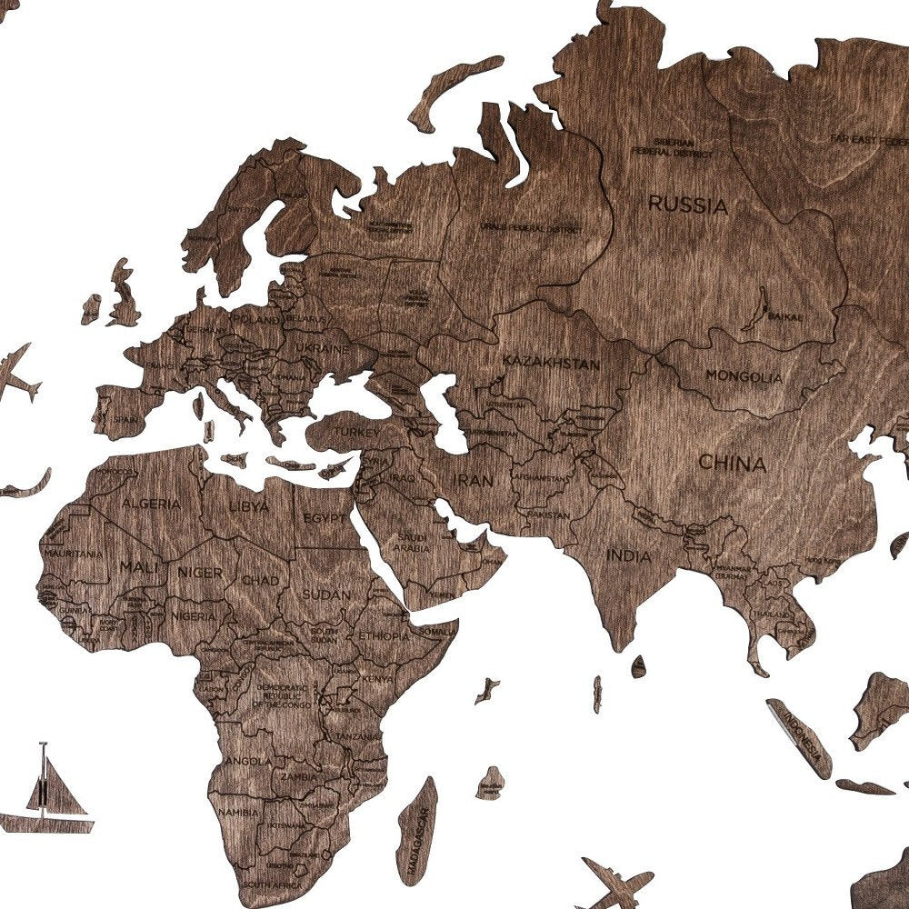 47" X 79" Dark Brown Wood World Map Hanging Dimensional Sculpture