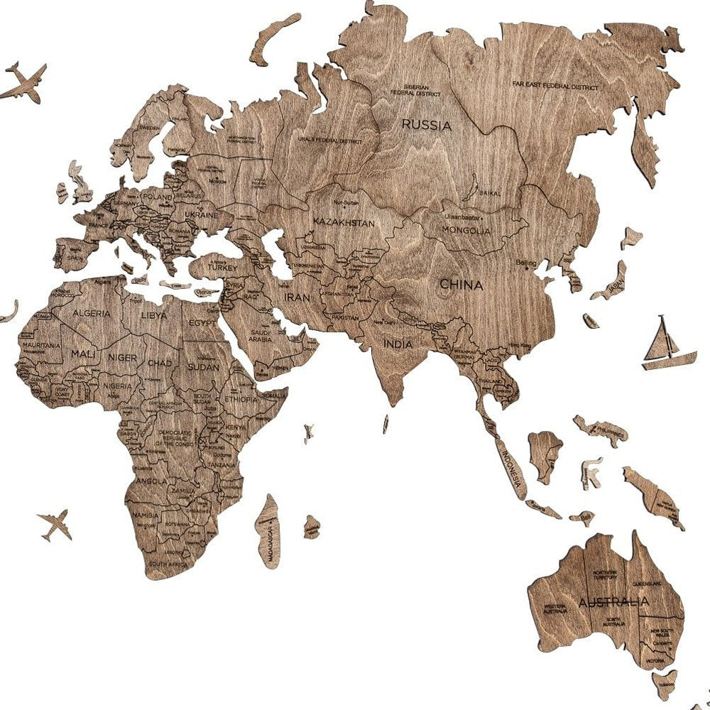 24" X 39" Brown Wood World Map Hanging Dimensional Sculpture