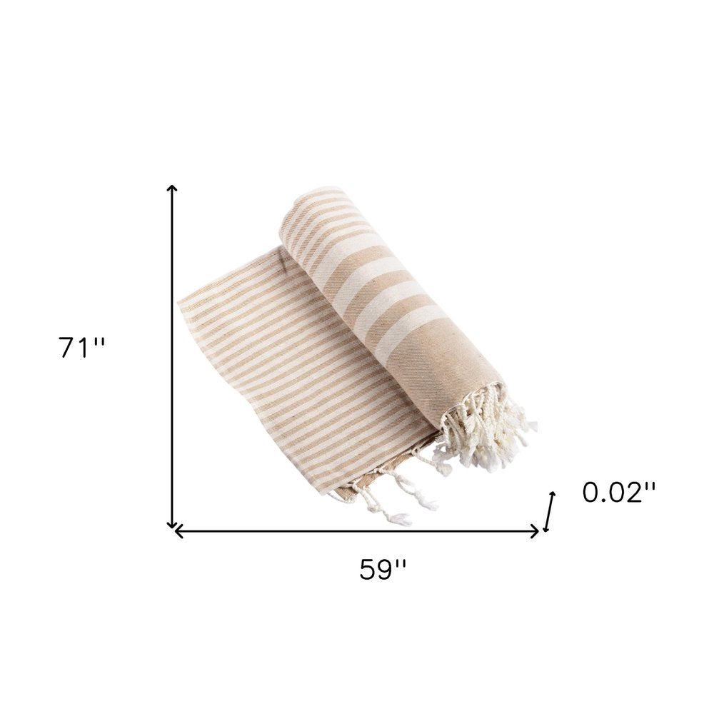 59" X 71" Beige and Ivory Cotton Striped Turkish Towel Throw Blanket with Tassels