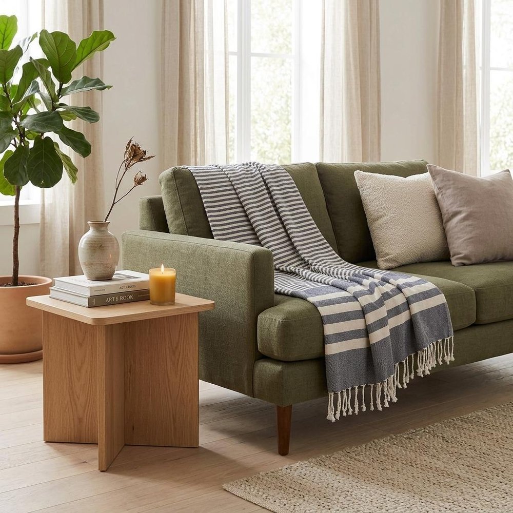 59" X 71" Blue and White Cotton Plain Weave Striped Throw Blanket with Tassels