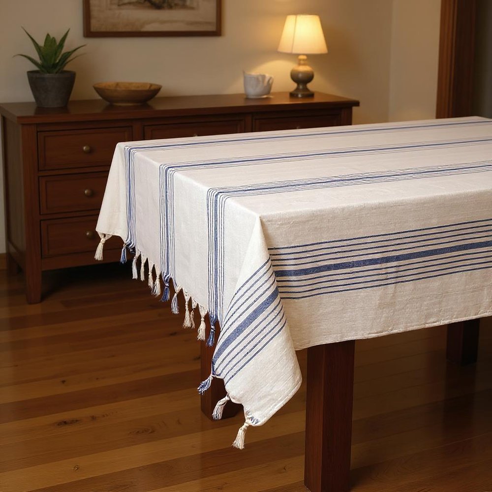 71" x 95" Cream And Blue Striped Cotton Tablecloth And Napkins Set