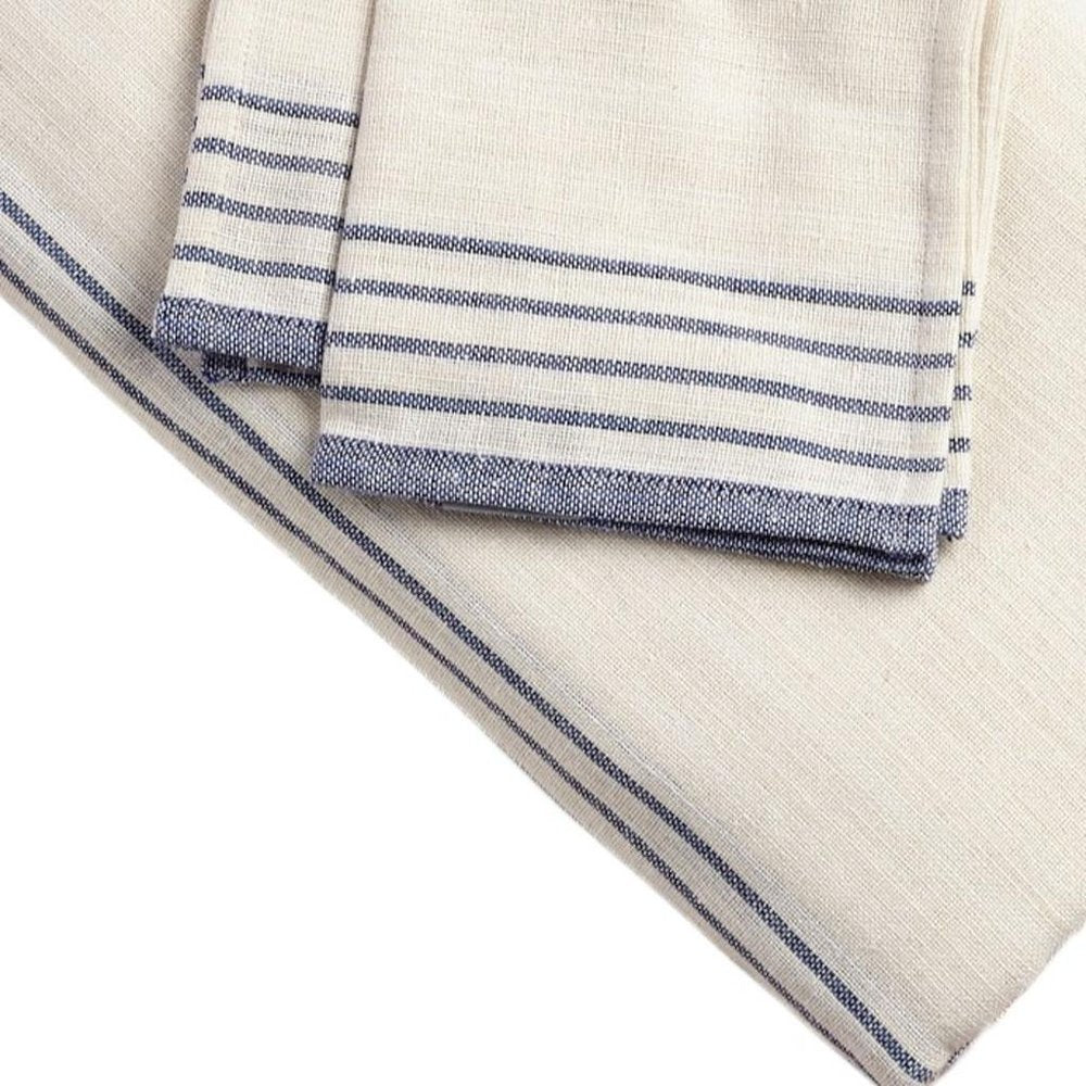 71" x 95" Cream And Blue Striped Cotton Tablecloth And Napkins Set
