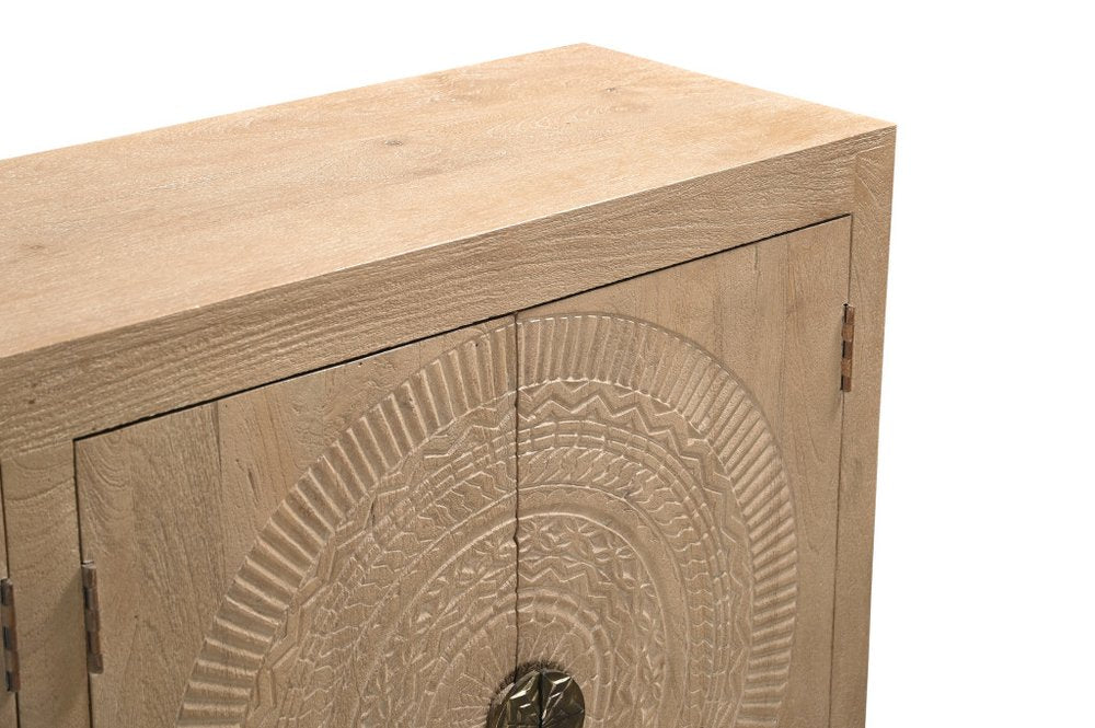 95" Natural And Antiqued Gold Solid Wood Carved Geometric Sideboard with Six Doors