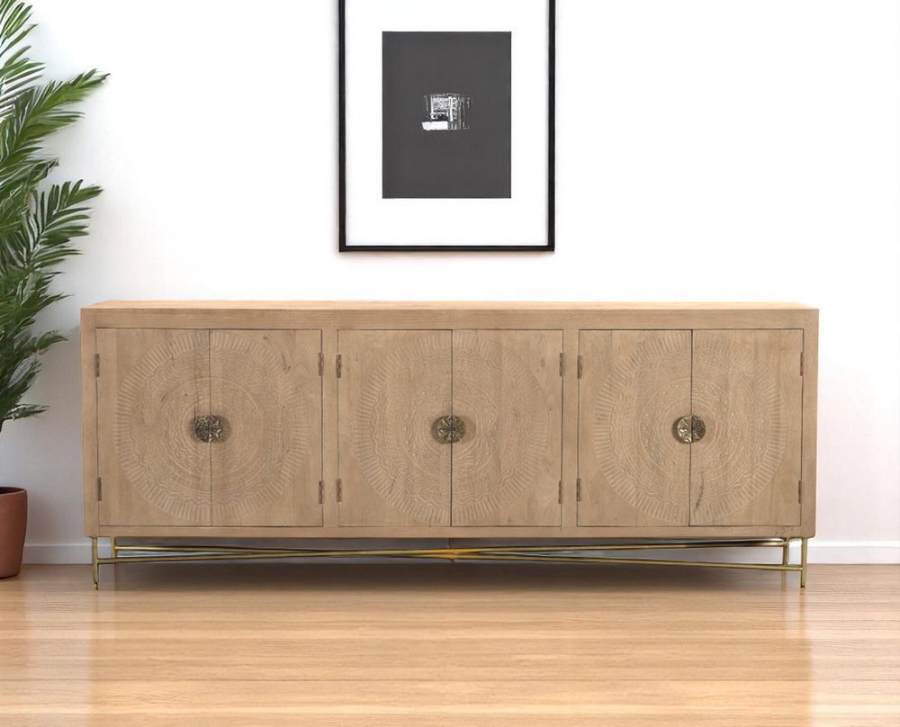 95" Natural And Antiqued Gold Solid Wood Carved Geometric Sideboard with Six Doors