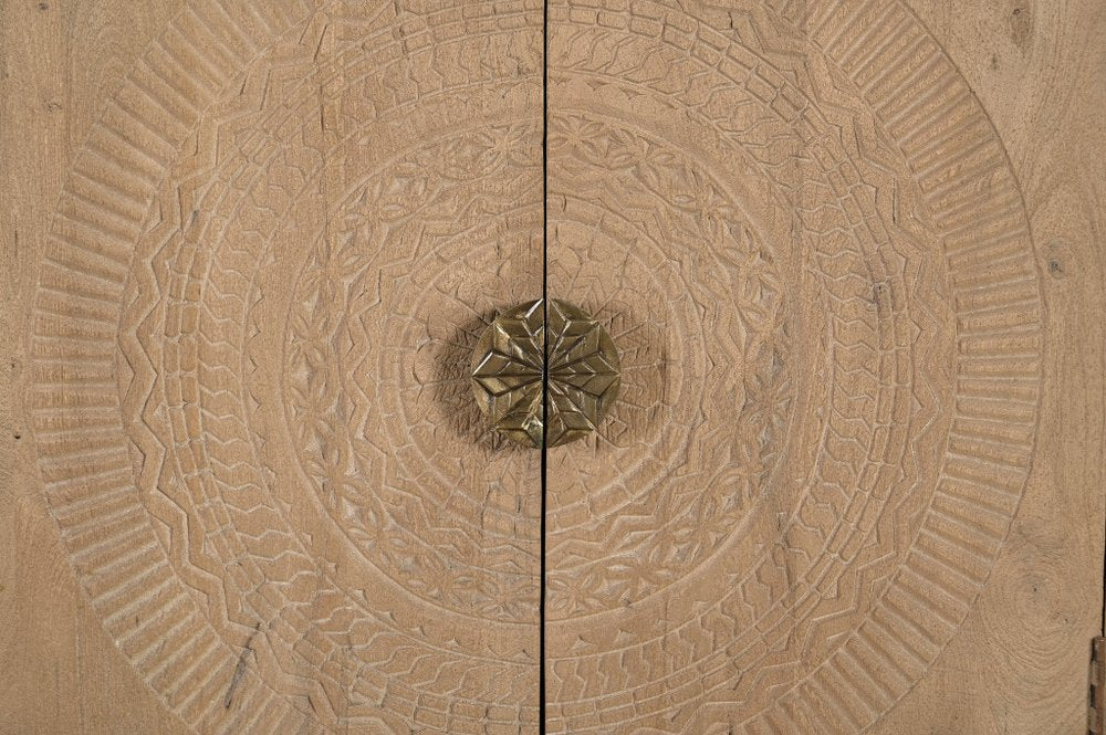 95" Natural And Antiqued Gold Solid Wood Carved Geometric Sideboard with Six Doors