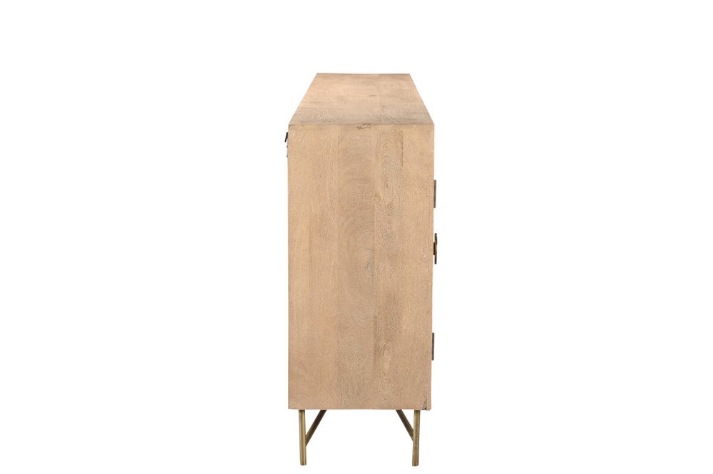 95" Natural And Antiqued Gold Solid Wood Carved Geometric Sideboard with Six Doors