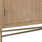 95" Natural And Antiqued Gold Solid Wood Carved Geometric Sideboard with Six Doors