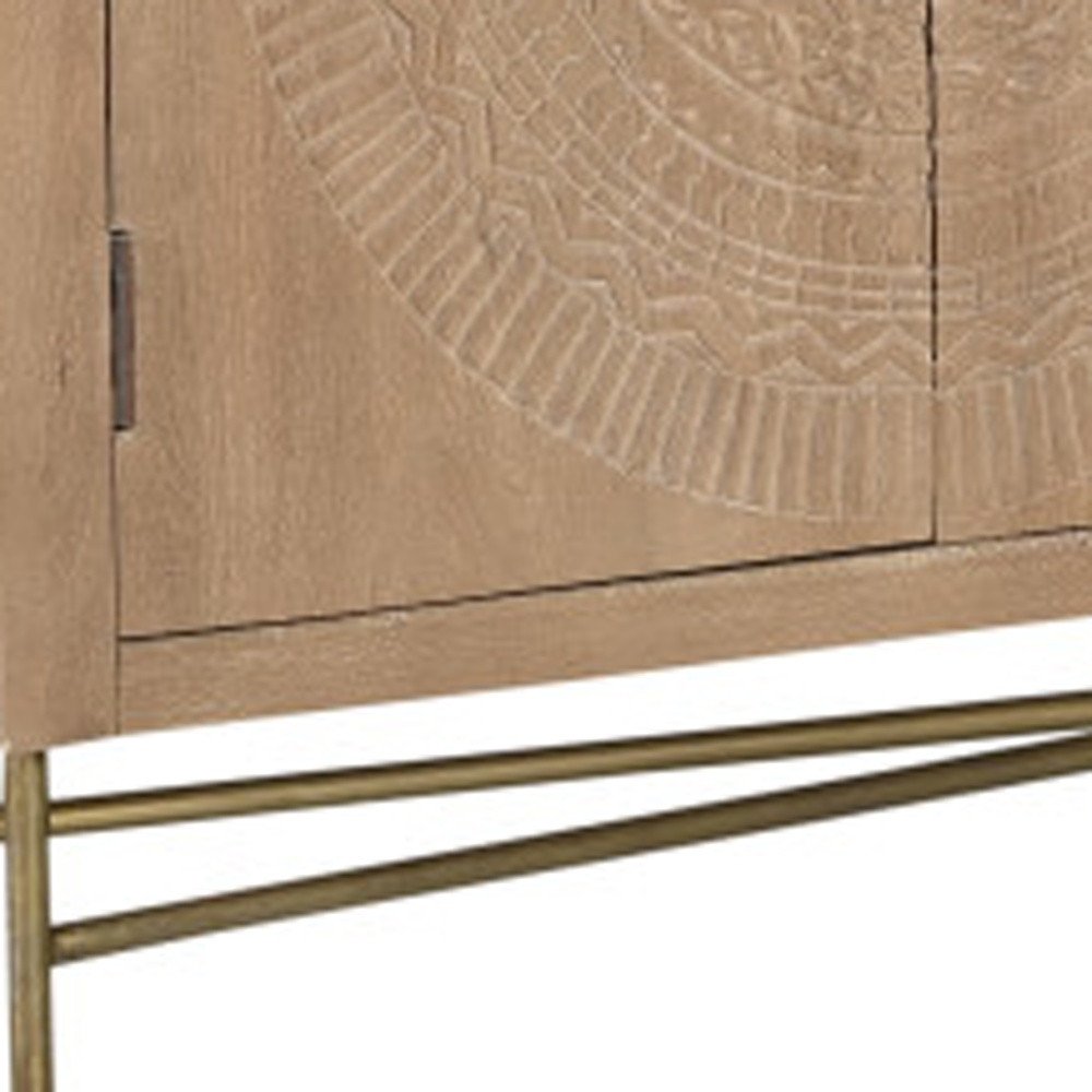 95" Natural And Antiqued Gold Solid Wood Carved Geometric Sideboard with Six Doors