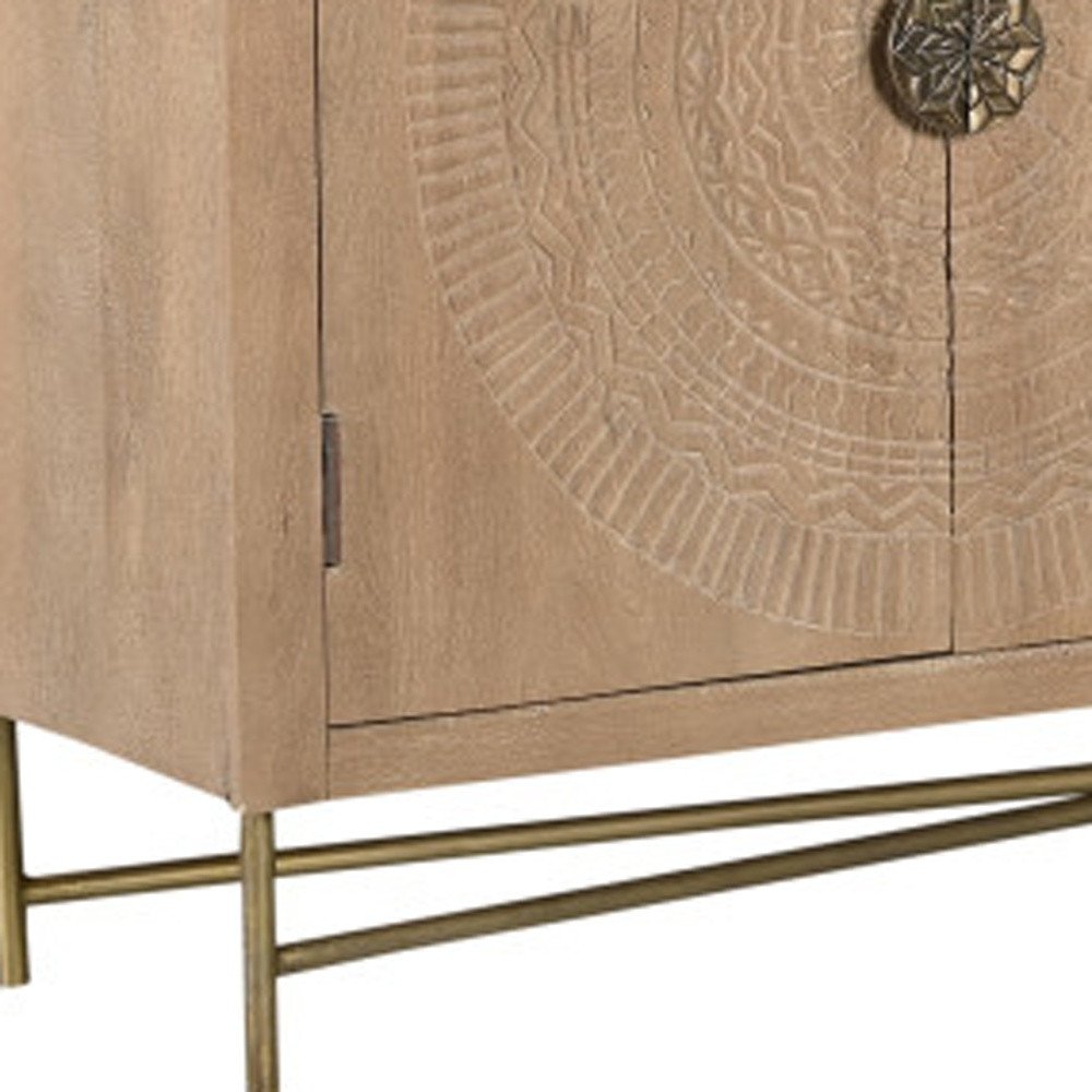 95" Natural And Antiqued Gold Solid Wood Carved Geometric Sideboard with Six Doors