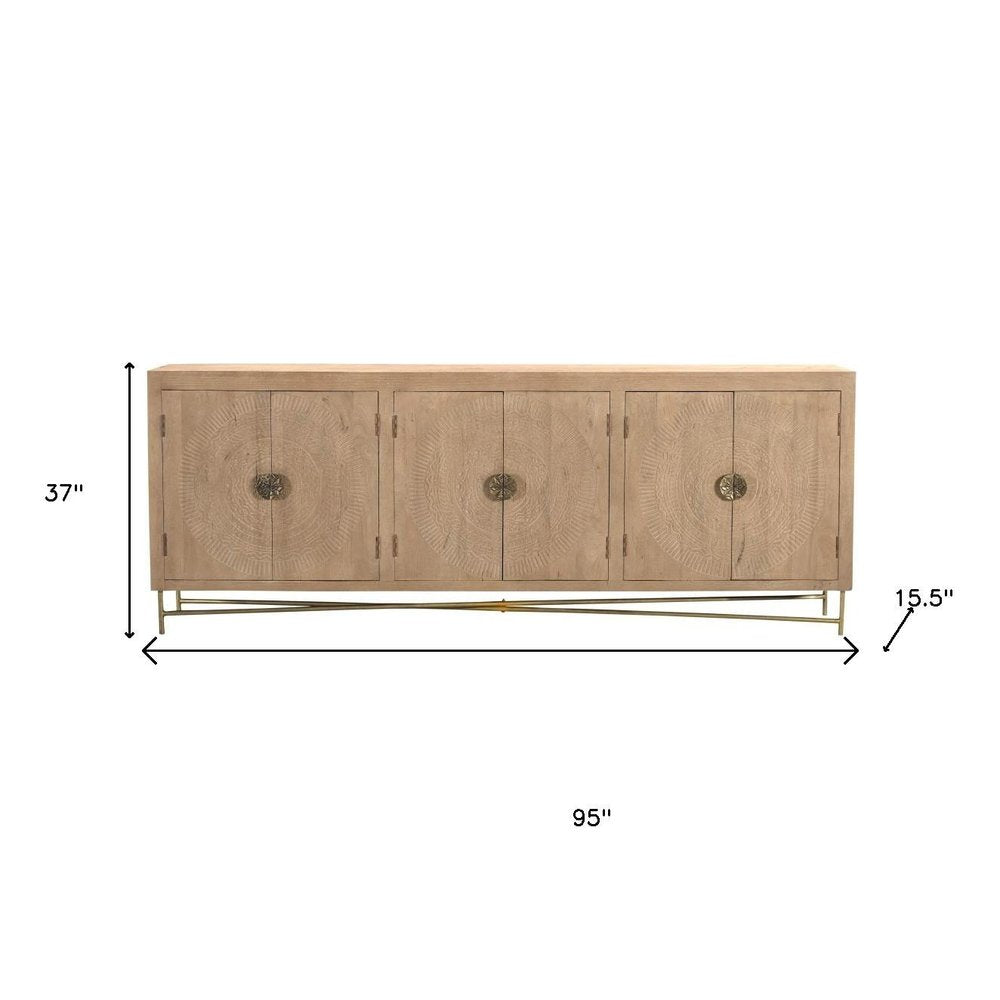 95" Natural And Antiqued Gold Solid Wood Carved Geometric Sideboard with Six Doors